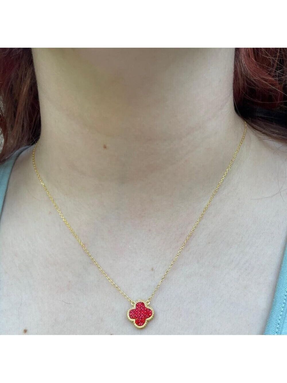 18k Gold Plated sterling silver Clover Red and Blue reversible necklace 16-18" - Picture 3 of 9